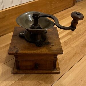 Vintage Wooden Coffee Grinder with Metal Accents